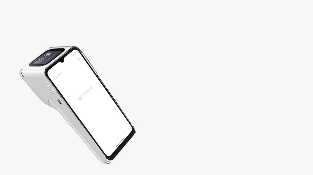 Terminal de paiement portable blanc à grand écran tactile, vu en biais